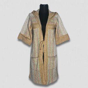 Vintage 70s Organically Grown Hooded Cardigan Duster Knit Beige/Multicolor sz M
